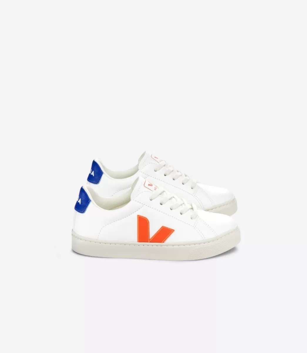 VEJA ESPLAR LACES LEATHER WHITE ORANGE FLUO< Esplar