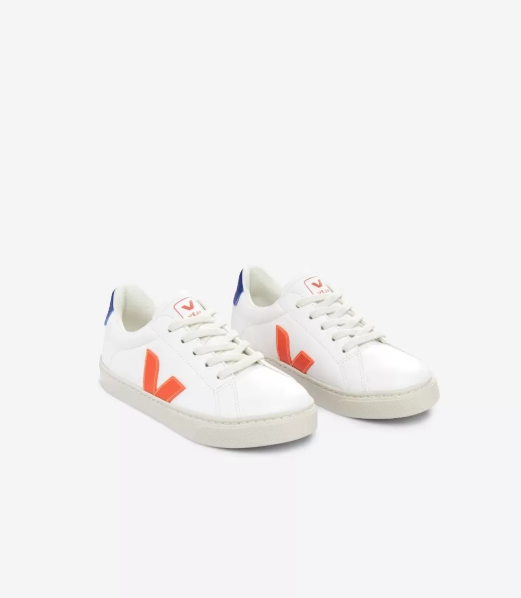 VEJA ESPLAR LACES LEATHER WHITE ORANGE FLUO< Esplar