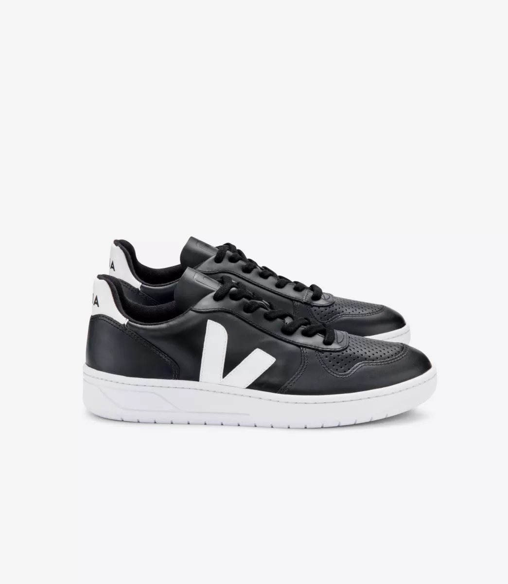 VEJA V-10 LEATHER BLACK WHITE WHITE SOLE< Adulto