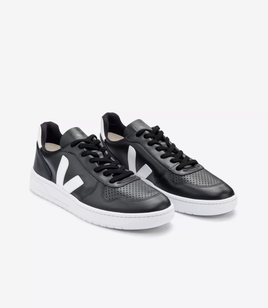 VEJA V-10 LEATHER BLACK WHITE WHITE SOLE< Adulto