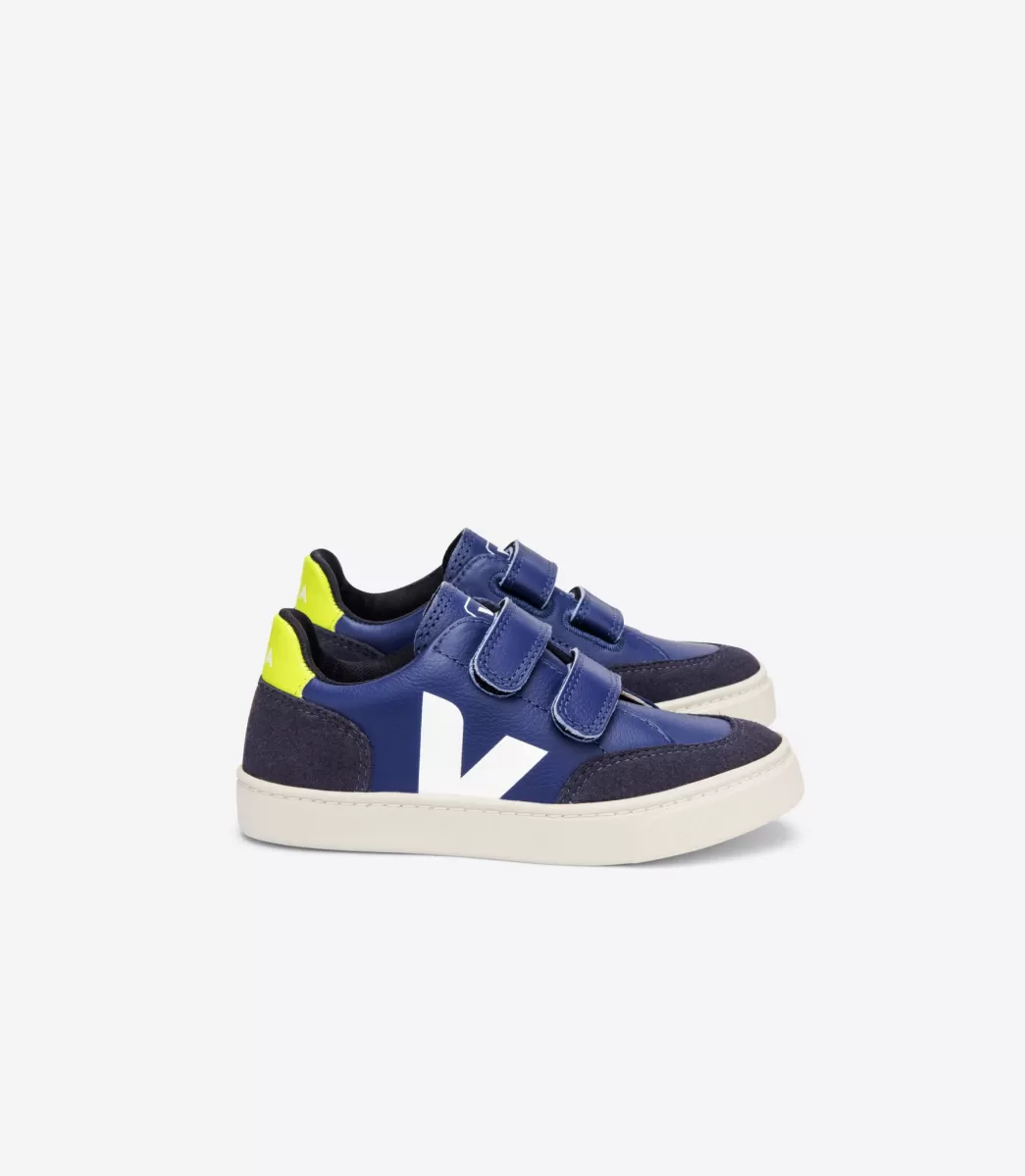 VEJA V-12 LEATHER COBALT WHITE JAUNE FLUO<Crianças Crianças