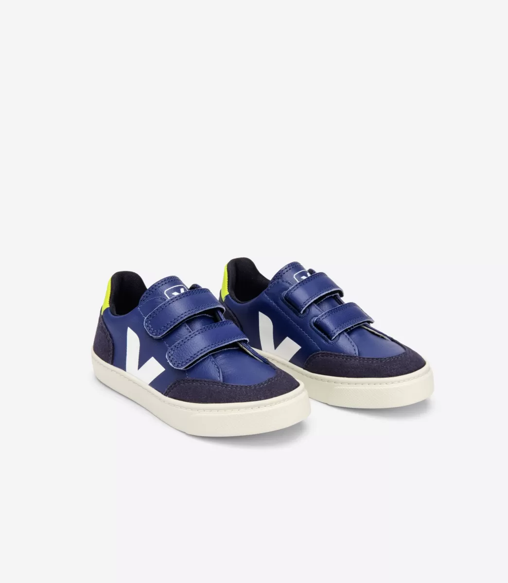 VEJA V-12 LEATHER COBALT WHITE JAUNE FLUO<Crianças Crianças