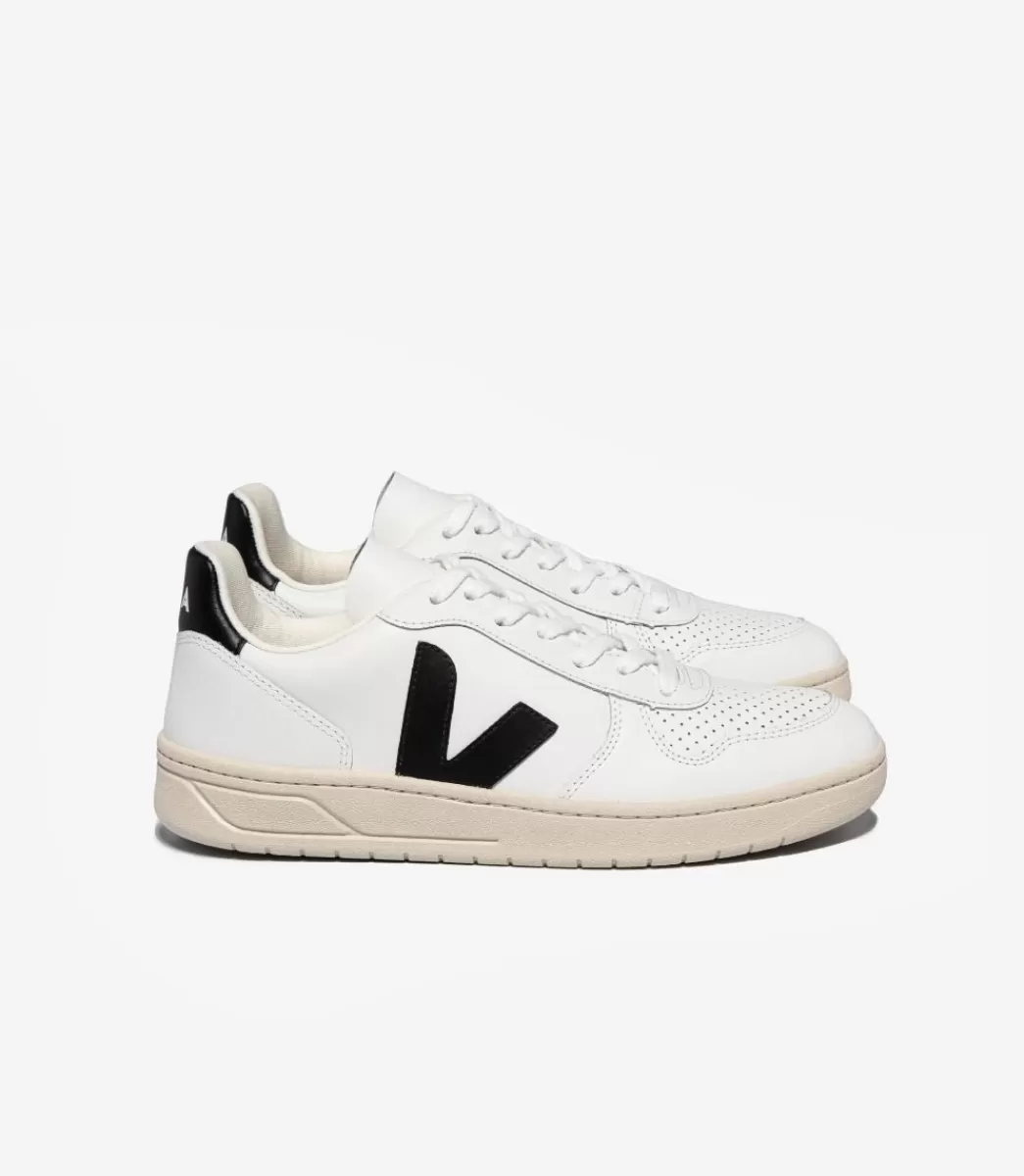 VEJA V-10 LEATHER WHITE BLACK<MULHER Adulto | Vegan