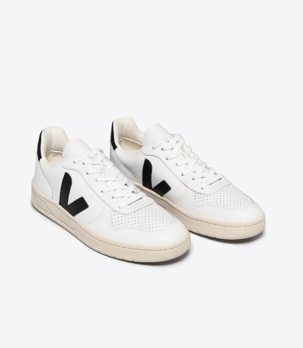 VEJA V-10 LEATHER WHITE BLACK<MULHER Adulto | Vegan