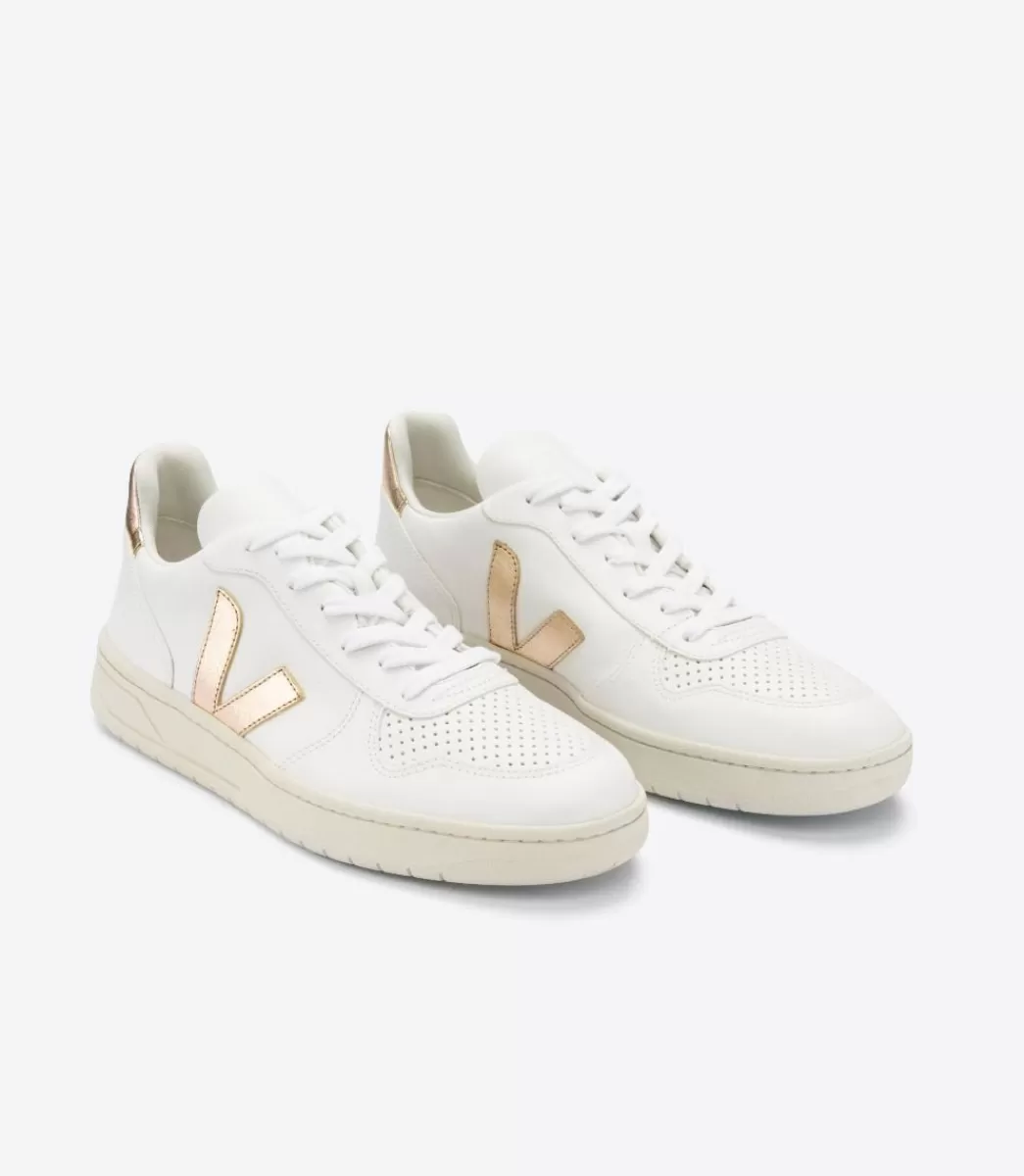 VEJA V-10 LEATHER WHITE PLATINE<MULHER V-10